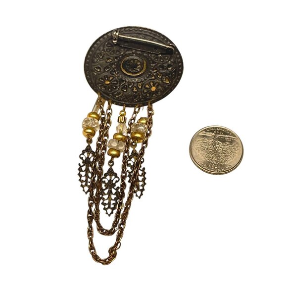 Vintage Ornate Brass Brooch With Chain & Bead Dangles - Picture 5 of 7